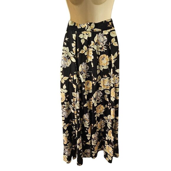 Vintage Blue 80s Full Circle Midi Skirt Jr Sz 7 Black Yellow Floral Button Front - Picture 5 of 6
